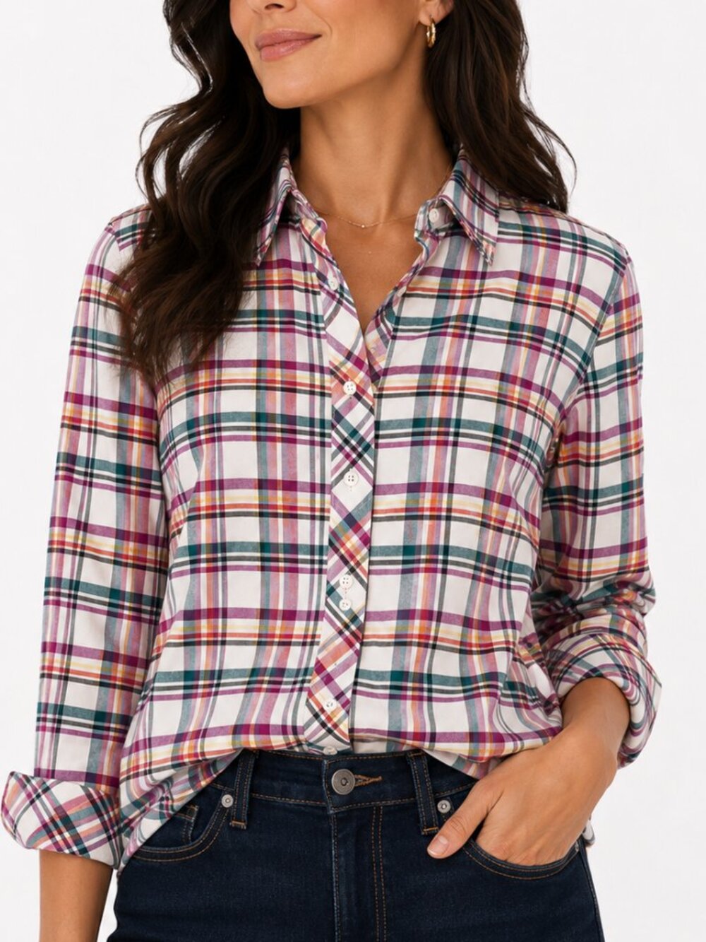 Talbots Plaid Button-Down Everyday Casual Shirt Multi-Color 100% Cotton Size M